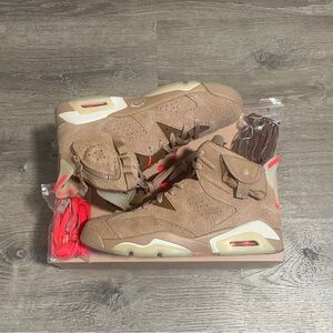 Air Jordan 6 Travis Scott Khaki Tan High-Top Sneakers with Red Inferred  Accents